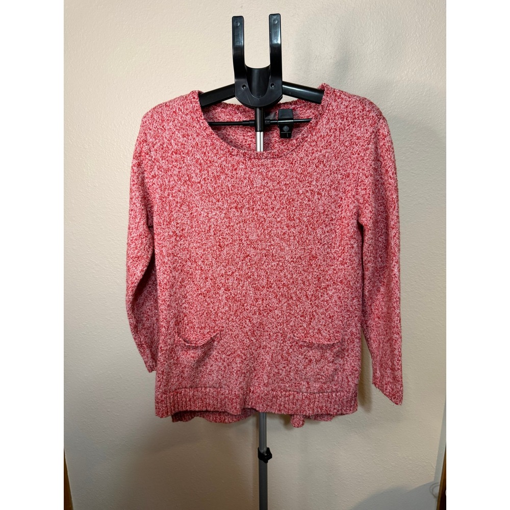 J. Jill Red White Marled Knit Sweater Pockets Size M Cotton Blend Pullover